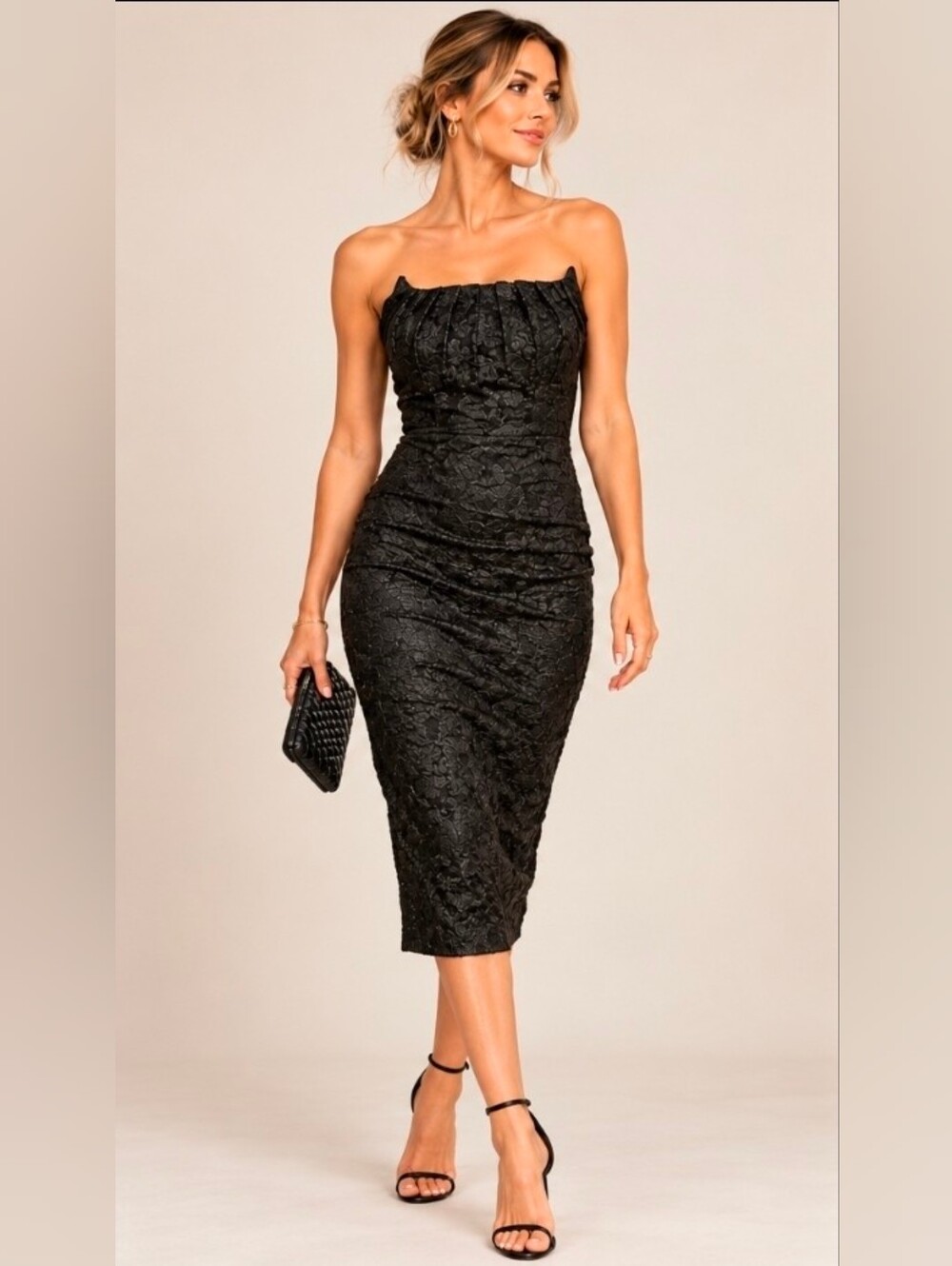 Rare London Strapless Corset Textured Midi Dress Black Size 4 NWOT